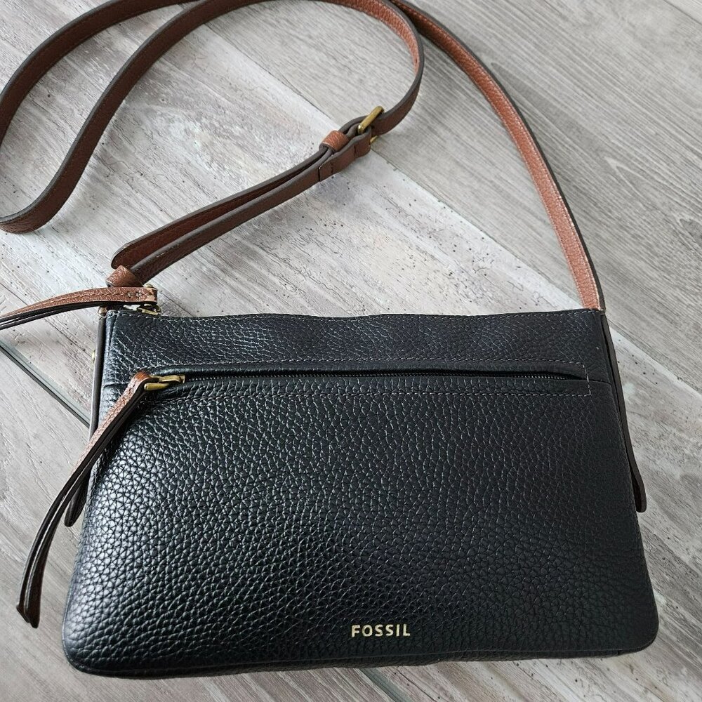 Fossil Black Cow Hide Leather Crossbody Bag Adjustable Strap Vintage Purse Small